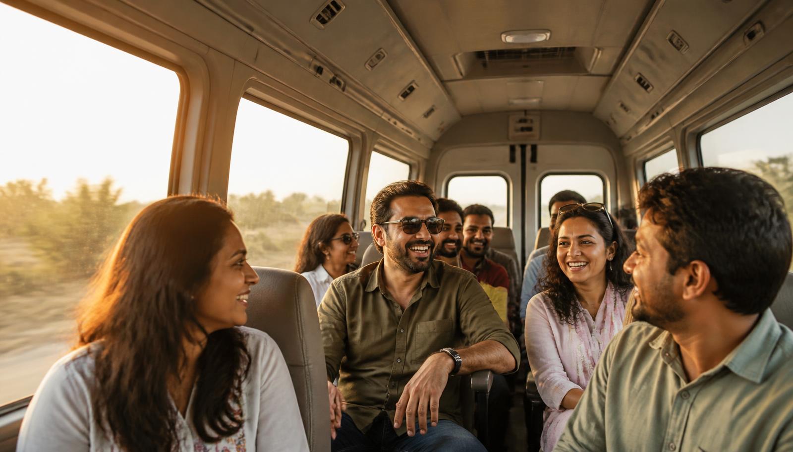 टेंपो ट्रैवलर में आनंद लेते भारतीय यात्री