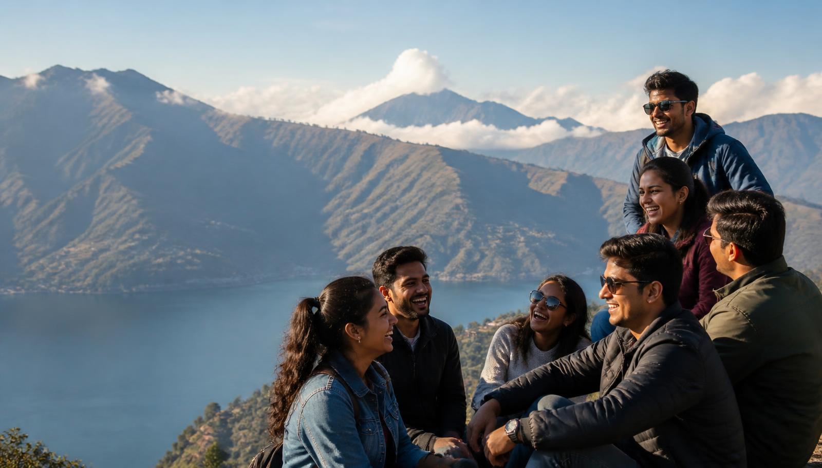 पहाड़ी झील के पास नए दोस्तों का यात्रा समूह